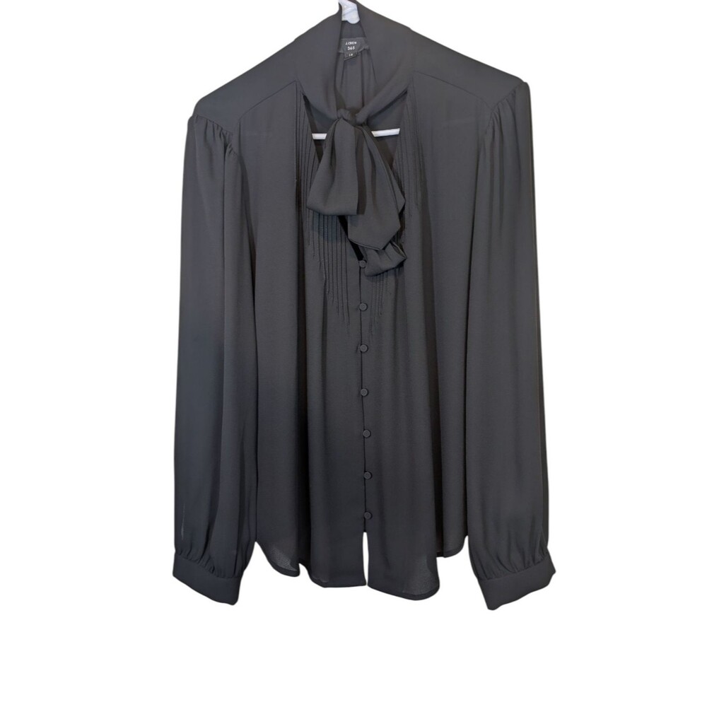 J. Crew 365 Top Black Tie V-Neck Pintuck Pleats Preppy Semi-sheer Size 14